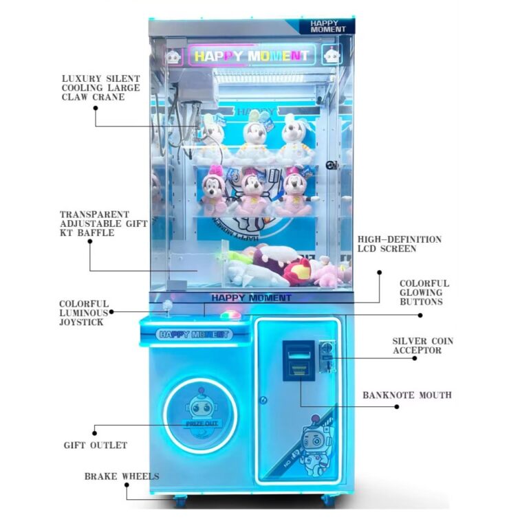 Vista frontal anotada de la máquina de garra "HAPPY MOMENT" con pantalla LCD, controles luminosos, ranuras para monedas/billetes y salida de premios.