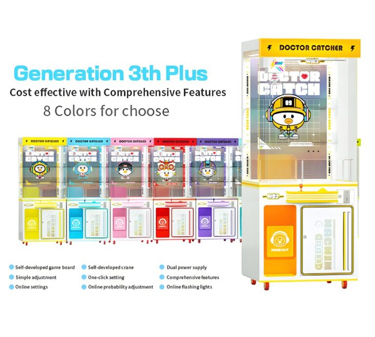 Línea de máquinas de garra Doctor Catcher en 8 colores destacando tablero y grúa de desarrollo propio, configuraciones en línea, ajuste de probabilidad e iluminación LED.