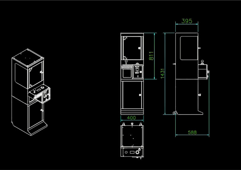 Dessin technique montrant les dimensions de la mini machine à pinces Lucky Clamp : largeur 400 mm, profondeur 588 mm, hauteur 1431 mm.