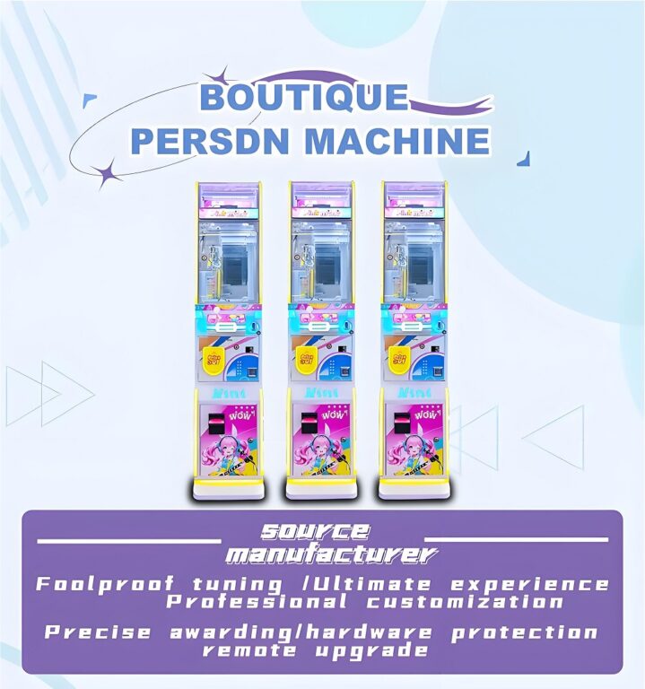 Tres grúas LeYou "BOUTIQUE PERSON" idénticas (OCR corregido) con mecanismo de garra, paneles de control y gráficos de personajes ¡GUAU! Banner: "Fabricante FUENTE / Personalización profesional".