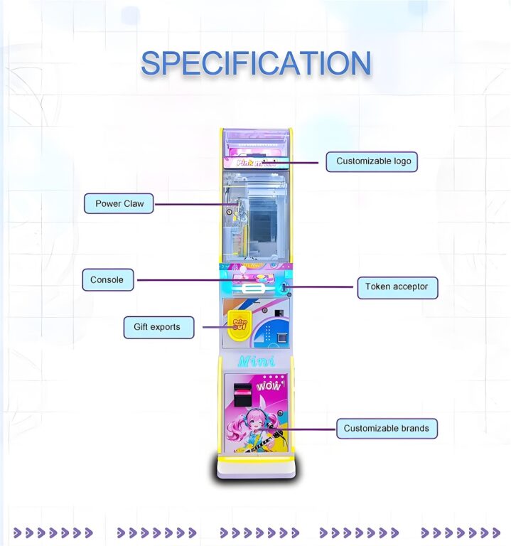 Diagrama etiquetado: "ESPECIFICACIÓN" para grúa LeYou con logotipo personalizado, garra de potencia, consola, ranura para fichas, opciones de regalo y personalización de marca. Diseño rosa, azul y amarillo.