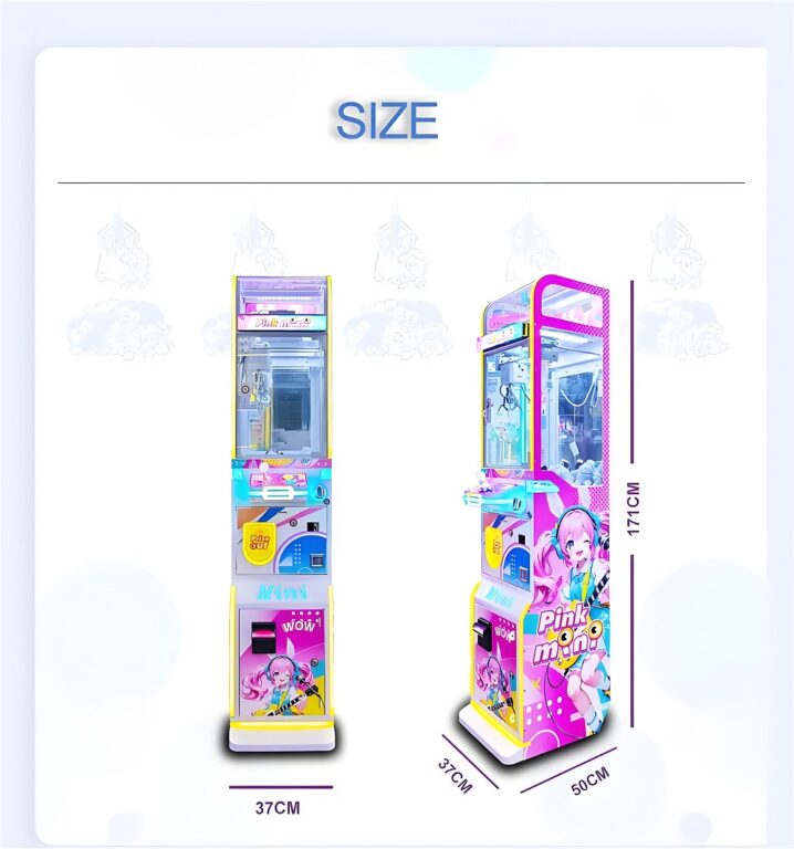 Comparación: A la izquierda se muestra una grulla rosa/morada LeYou de 37 cm de altura con una chica de anime y el texto "¡GUAU!"; a la derecha se muestra un modelo de torre de 171 cm con una marca similar. Etiqueta: "TAMAÑO 37 CM / 171 CM""