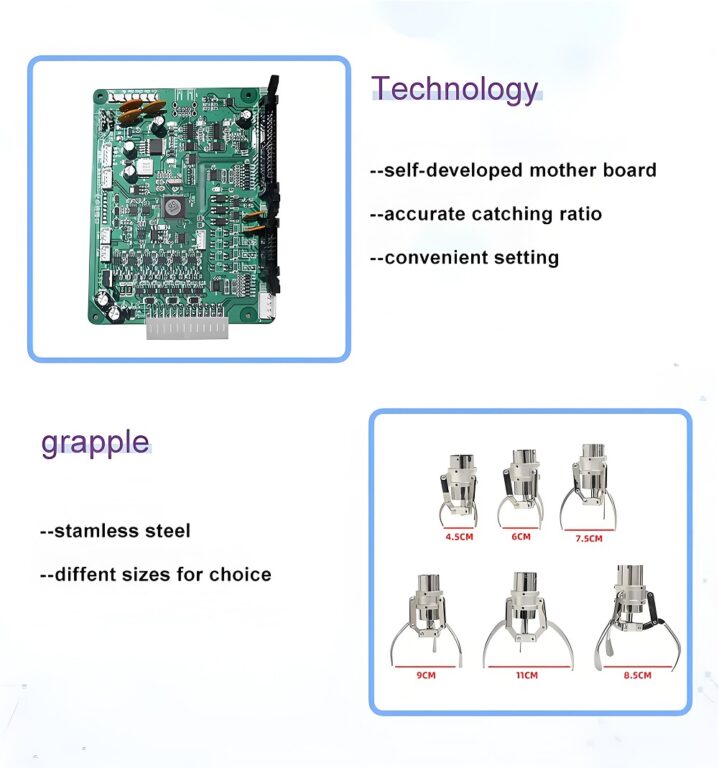 Arriba: PCB verde con "placa de desarrollo propio | captura precisa | ajuste práctico". Abajo: Seis garras de acero inoxidable (de 4,5 a 11 cm) etiquetadas como "Grapple".