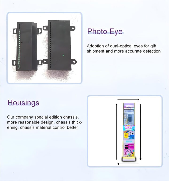 Dos carcasas de sensor negras etiquetadas como "Photo Eye" con orificios de montaje e indicadores LED verdes. Texto: "Doble sensor óptico para la detección precisa de envíos de regalos"."