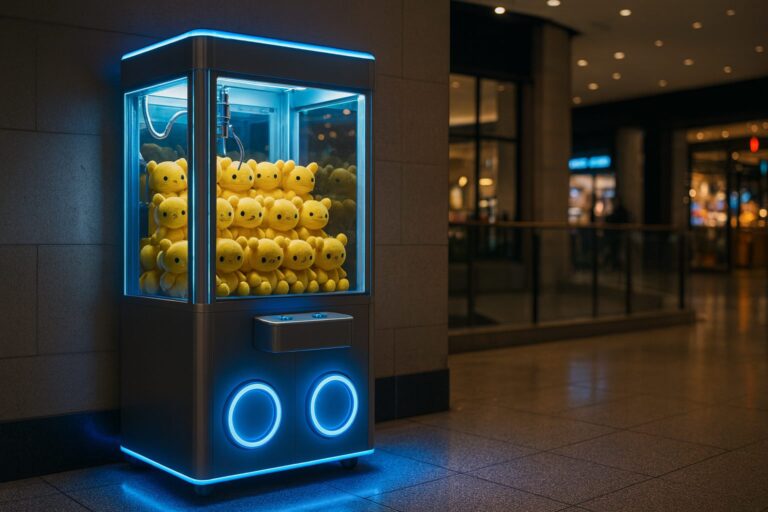 Machine à pince lumineuse remplie de peluches jaunes dans un coin d'un centre commercial.