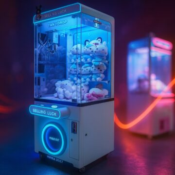 Gran máquina de garra de neón con juguetes de peluche en una sala de juegos oscura.