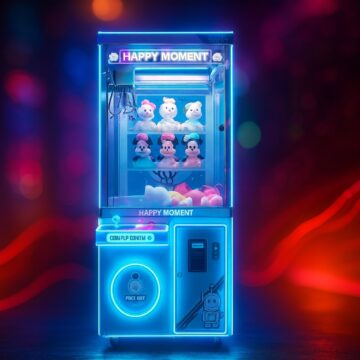 Máquina de garra estándar iluminada con neón y repleta de juguetes de peluche en una sala de juegos.